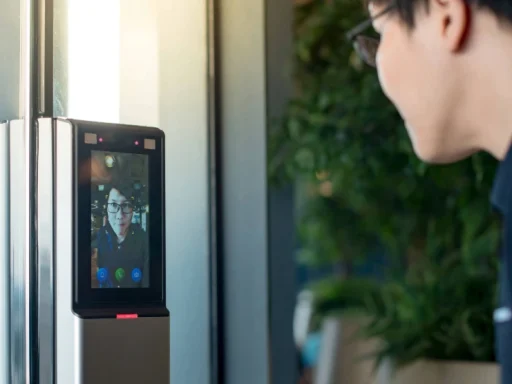 An employee is granted access to his workplace via a biometric face reader.