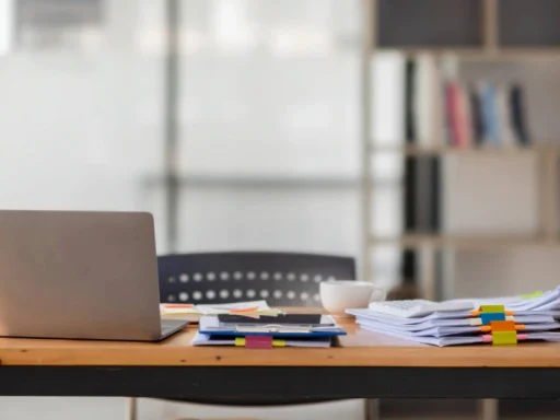 An empty desk in an office, with papers piled high and an open laptop.