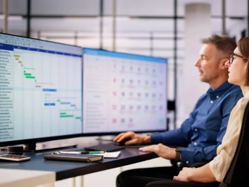 Two business owners sit in front of two large monitors displaying attendance data.