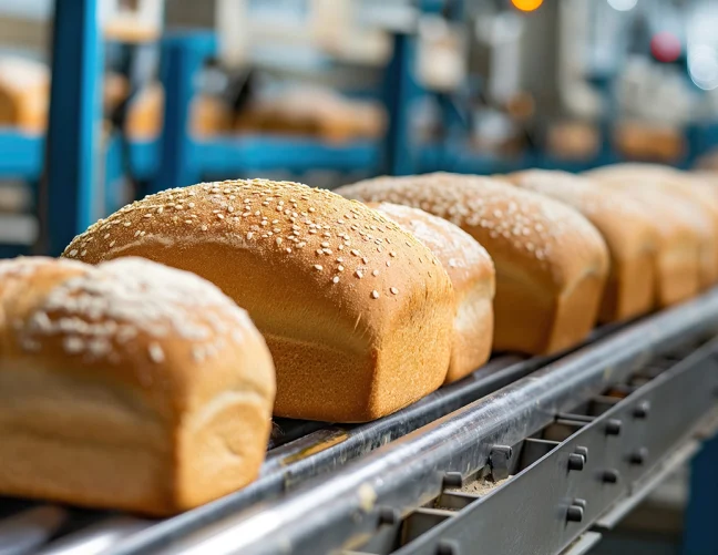 Loaves of bread on a production line.